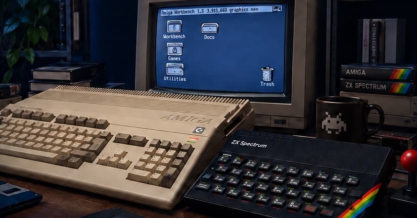 Commodore Amiga 500 com o Workbench no monitor, ao lado de um ZX Spectrum